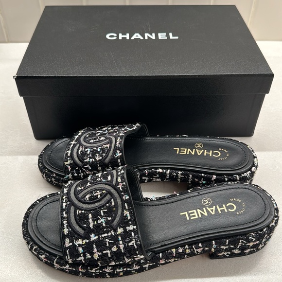 Chanel Tweed & Mesh Sandal Mules - Picture 1 of 4